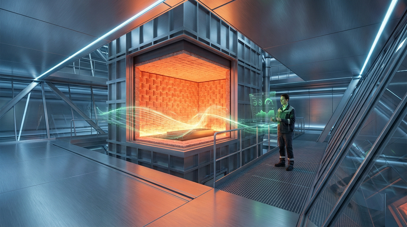 An operator reviews data on a holographic screen in front of a large glowing industrial furnace in a modern facility.