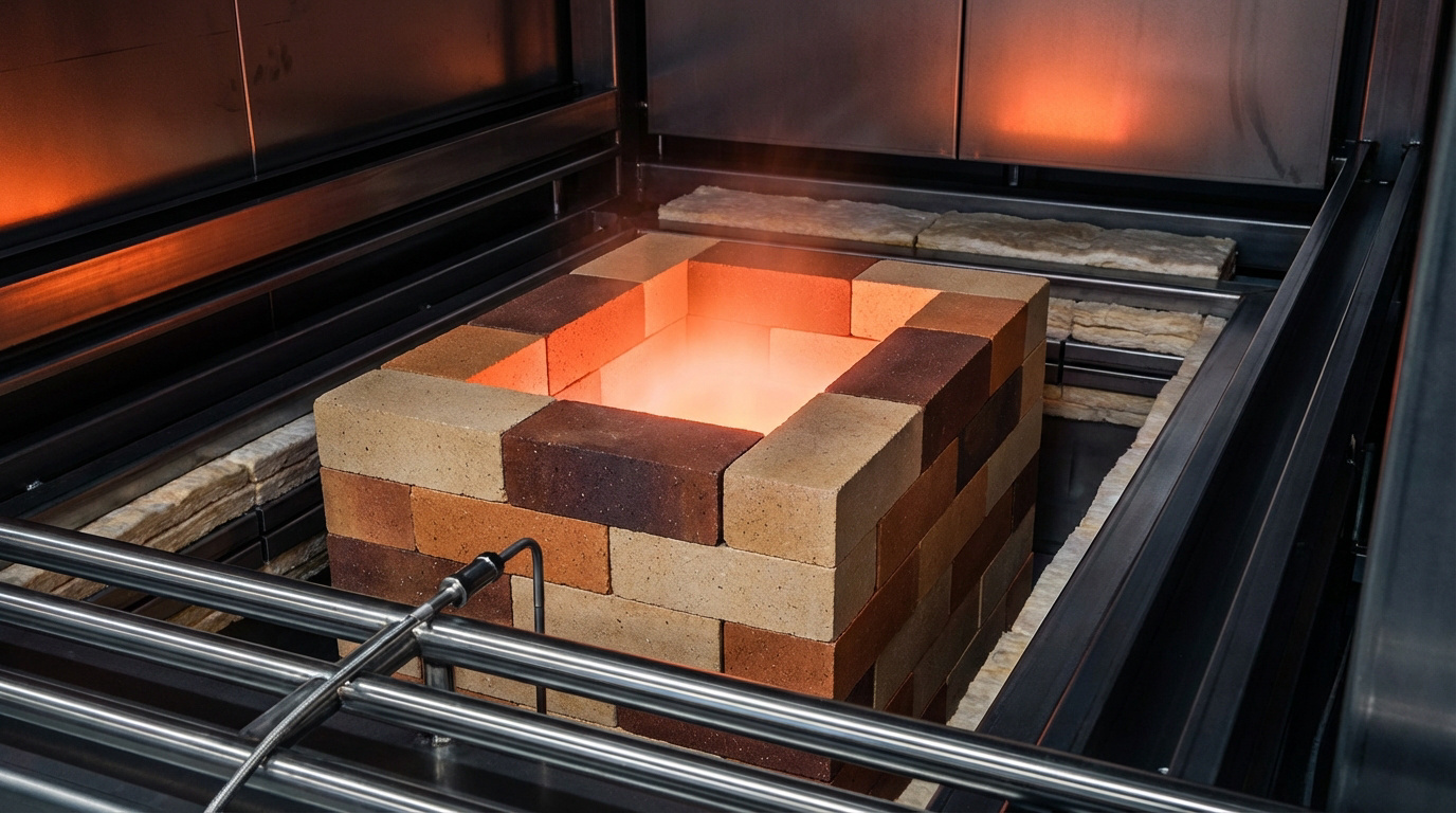 Glowing refractory brick structure inside a test furnace, with a probe and thermal insulation materials.