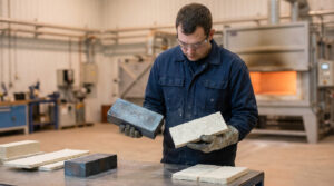 A man wearing gloves and safety glasses compares a dense refractory brick with an insulating panel in front of an industrial furnace.