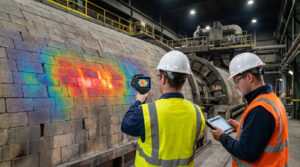 Refractory lining audit: one technician operates a thermal imaging camera while another reviews the diagnosis on a tablet.